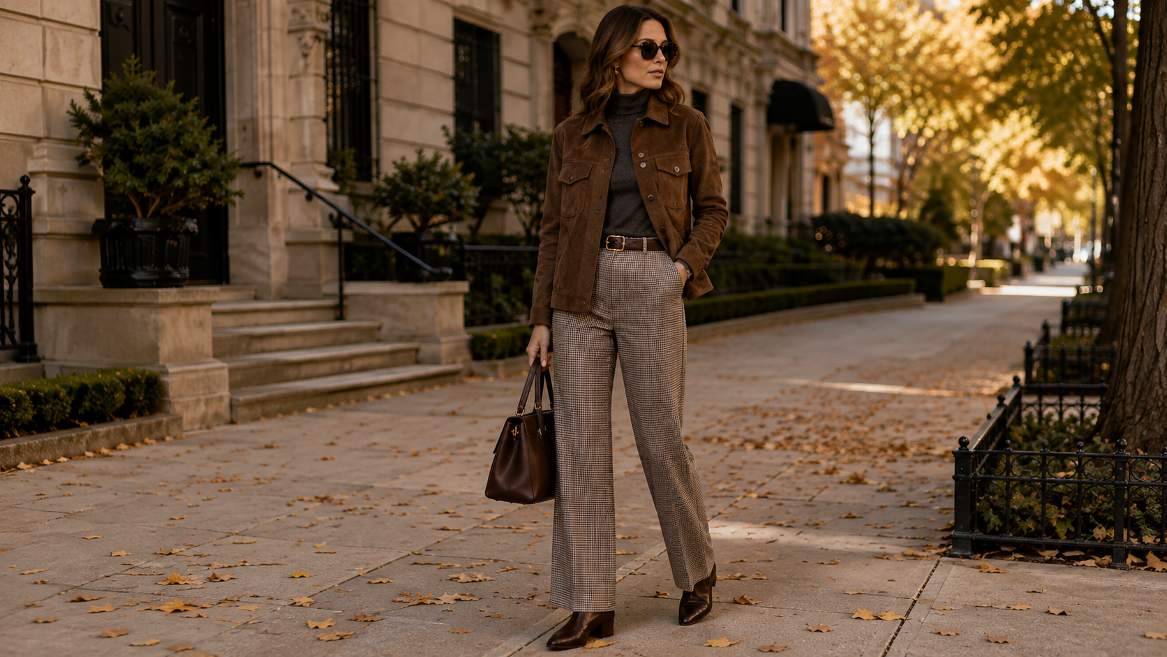 Chocolate Suede Jacket with Charcoal Turtleneck and Houndstooth Slacks Fall Outfit